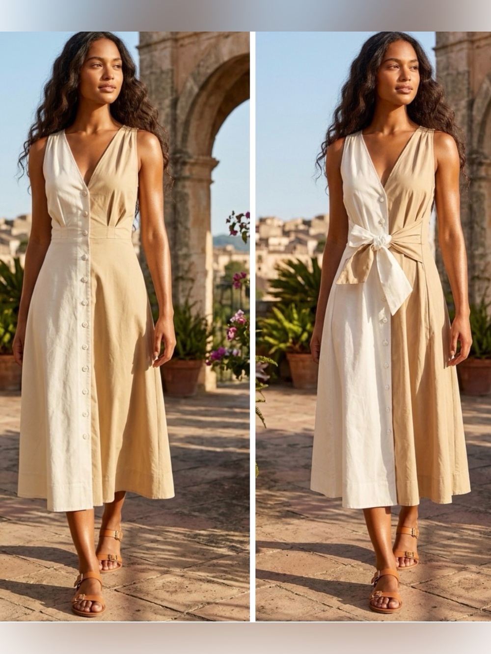 ANTONIO MELANI Two-Tone Cream & Beige Sleeveless Button-Front Midi Dress size 2